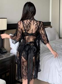 DAZY Solid Color Lace See-Through High Slit Sexy Waist Belt Nightgown
