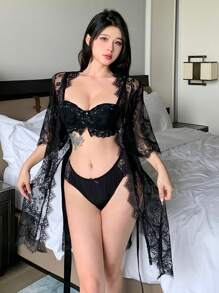 DAZY Solid Color Lace See-Through High Slit Sexy Waist Belt Nightgown