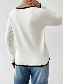 Chiquease 女士休闲V领撞色滚边宽松毛衣（不含衬衫）针织套头衫 秋冬 - 白色 - 查看 2