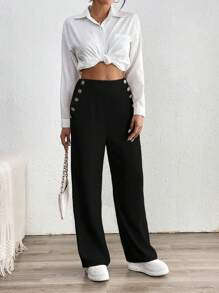 Chiquease Women's Button Decor Patch Pocket Loose Straight Casual Pants Fall Cloth For Women - Black - View 3