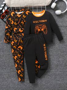 SHEIN 4pcs Young Boy Casual Crewneck Long Sleeve T-Shirt And Pants Snug Fit Loungewear Set - Orange - View 4