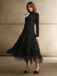 Anewsta Eleganter Blumen-Jacquard-Strickpullover mit Rollkragen