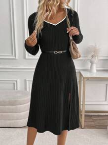 SHEIN LUNE Farbblock Kleid mit Patchwork, Langarm, V-Ausschnitt, Schlitz, minimalistisch