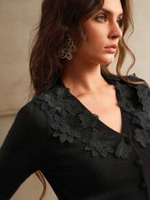 Anewsta Áo len cardigan thêu màu hồng thoải mái cho nữ, mùa thu đông - màu đen - Xem 2