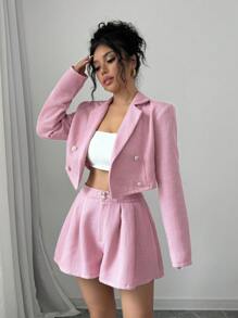 Elenzga 2pcs Women's Elegant Tweed Double-Breasted Jacket And Shorts Set, Spring & Autumn Fall Cloth For Women - Pink - View 3