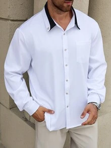 Manfinity Homme Chemise à manches longues casual avec poche, style affaires casual pour hommes grande taille, printemps & automne - Blanc - Voir 3