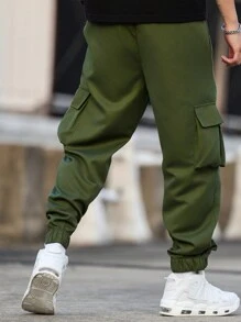 Manfinity Homme Men's Loose Letter Patched Detail Flap Pocket Side Drawstring Waist Cargo Pants - Army Green - View 2