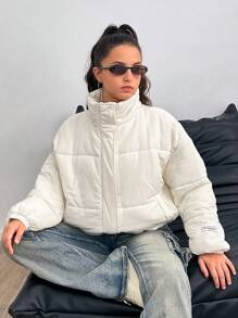SHEIN Leap Crew Áo khoác mùa đông in chữ đơn giản, rộng rãi, có khóa kéo, cổ cao, túi màu trắng cho bé gái tuổi teen - Màu be - Xem 2