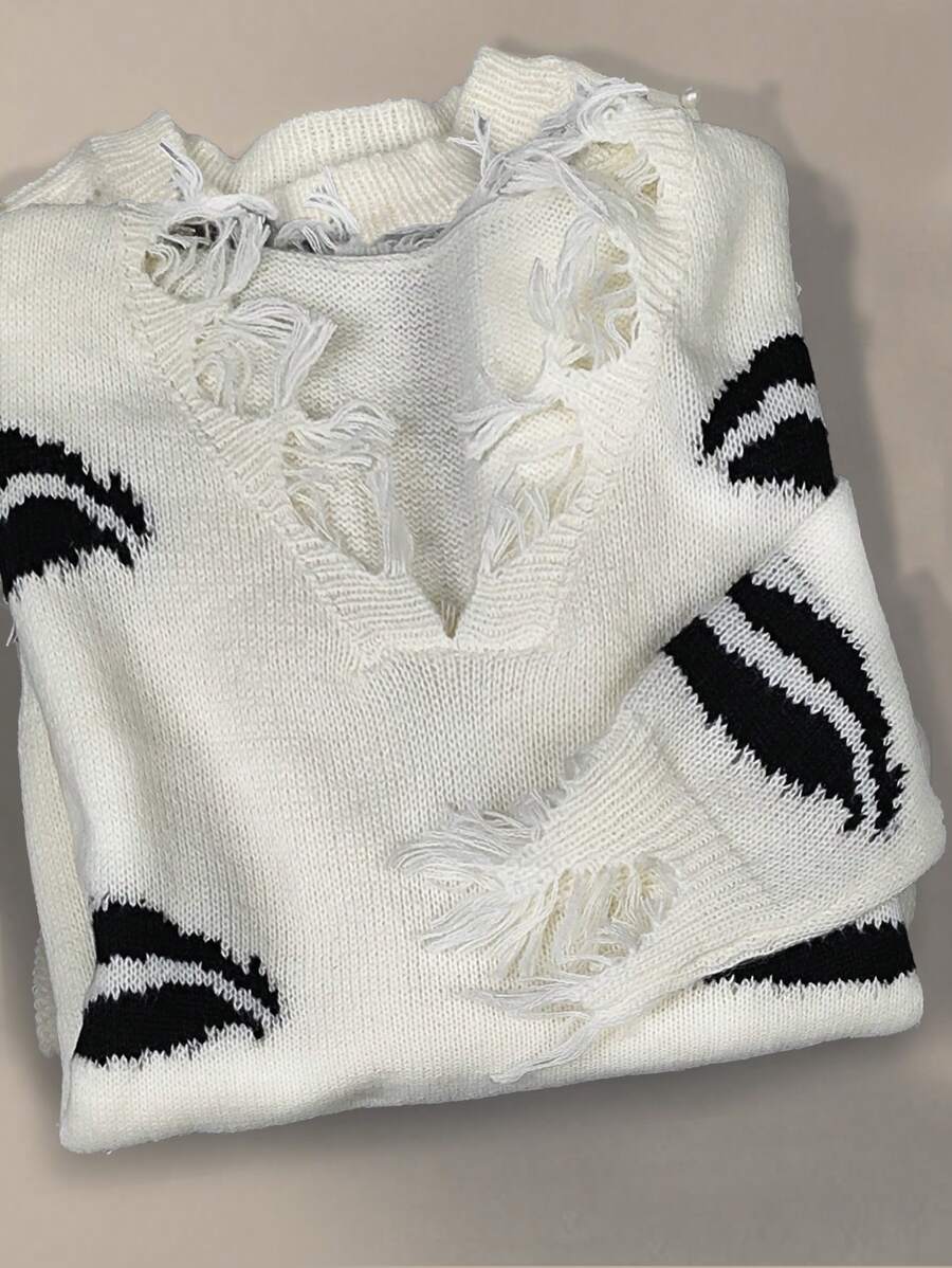 Chiquease Stylish European And American Autumn/Winter Loose Oversized V-Neck Casual Pullover Sweater With Raw Edge, Knit Pullover Fall - Multicolor - View 1