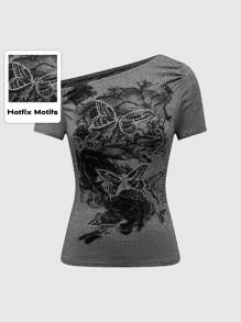 ROMWE Dark Gothic Style Rhinestone Butterfly Folds Sexy Tight Fitted Women T-Shirt - Dark Grey - View 1