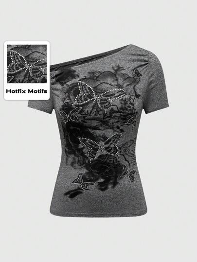T-shirt pour femmes sexy Dark Gothic Style Butterfly plié avec strass ajusté