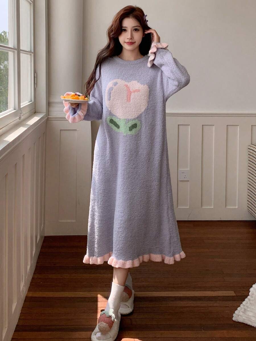 DAZY Đầm ngủ nữ mềm mại, bồng bềnh họa tiết hoa tulip, viền bèo nhún, thích hợp cho mùa thu đông, ấm áp, kiểu váy ngủ Moo Moo. - Màu tím - Xem 1