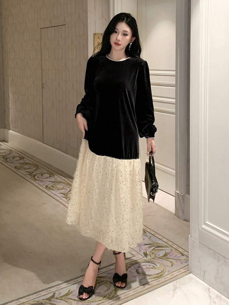 New Arrival Autumn Patchwork Color Block Women Dress, Fall Women Clothes Long Sleeve Dress