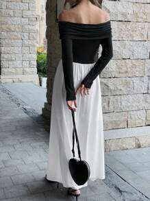 Chiquease Women's Solid Color Off Shoulder Long Sleeve Pleated Casual Dress