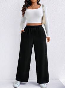 SHEIN LUNE Pantalones informales de talla grande con forro térmico grueso en color negro, para otoño/invierno