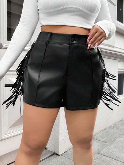 SHEIN EZwear Plus Size Women Toothpick Cut Design Elastic PU Leather Fringe Skinny Shorts