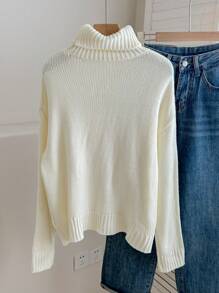 SHEIN Áo len dệt kim dày cổ lọ họa tiết jacquard tay dài quá khổ cho bé gái tuổi teen - trắng - Xem 2