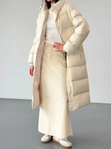 Aloruh Minimalist Commuter Apricot Long Sleeve Wind Resistant Warm Stand Collar Long Women Winter Coat - Apricot - View 6