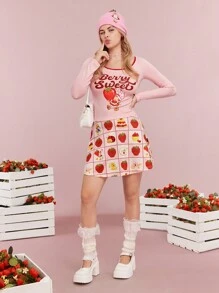 Strawberry Shortcake X SHEIN Summer Sweet And Cute Style Strawberry Pattern Pink Stretch Skirt
