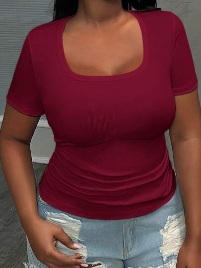 Slaydiva Plus Size Casual Daily Square Neck Short Sleeve Ruched Waist White Summer T-Shirt