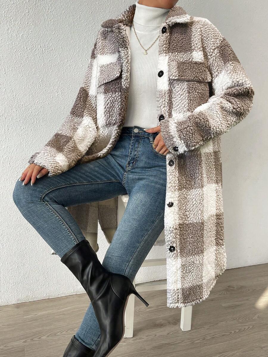 EMERY ROSE Women's Grid Pattern Dropped Shoulder Long Sleeve Utility Patch Pocket Plus Fleece Thick Lined Long Casual Jacket For Fall/Winter - Khaki - View 1