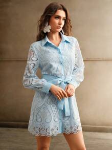 Anewsta 灯笼袖翻领蕾丝镂空收腰优雅连衣裙 - 藍色 - 查看 5