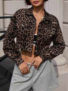 Chaqueta casual con estampado de leopardo de manga larga y corta para mujeres en primavera y otoño - Caqui - Ver 4