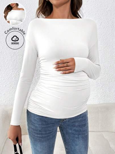 SHEIN Pregnant Women Autumn Casual Ruched Side Boat Neck Slim Fit Long Sleeve T-Shirt, For Maternity