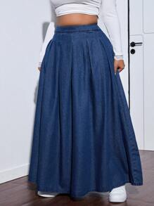 SHEIN ICON Falda de mezclilla plisada de moda informal de talla grande para verano y otoño