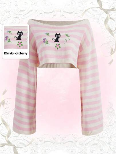 Kawaii Gestreifter Crop Pullover mit Cartoon Grafik, Schule