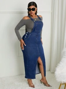 SHEIN SXY Plus Size Sexy Elastic Denim Slit Strap Dress