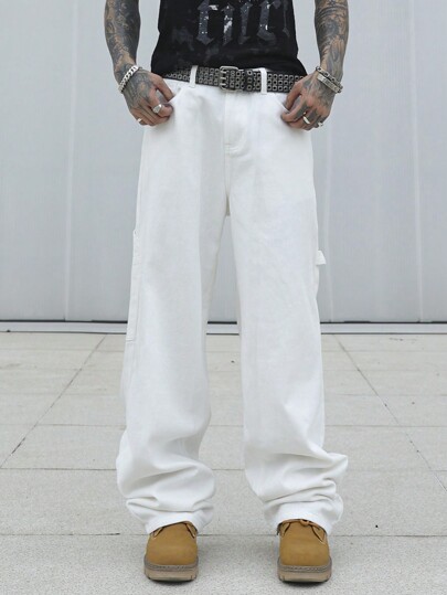 Manfinity EMRG Pantalones vaqueros rectos informales de unicolor con bolsillos para hombres