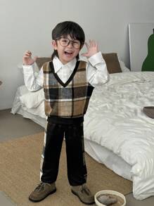 SHEIN 2 件套年轻男孩休闲格子拼布长袖上衣和裤子套装，春秋季 - 彩色 - 查看 8