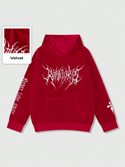 Goth Men's Gothic Letter Print Long Sleeve Pocket Loose Casual Hoodie, Spring & Autumn