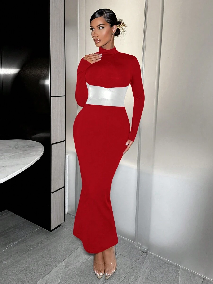 SHEIN SXY Women's Sexy PU Patchwork Mock Neck Bodycon Dress - Red - View 1