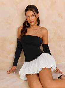 SHEIN SXY Women's Elegant Color Block Off Shoulder Mini Dress, Summer - Multicolor - View 2