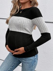 SHEIN Maternity Casual Color Block Nursing Top, Round Neck, Long Sleeve, Pregnancy T-Shirt - Light Grey - View 5