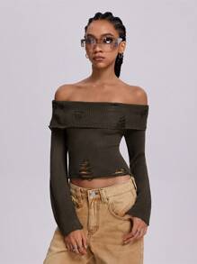 SHEIN EZwear Women's Fall/Winter Y2K Western Flannelette Cut Out Off Shoulder Sweater,Music Festival - Army Green - View 5