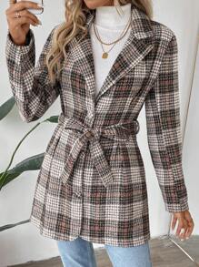 SHEIN LUNE 2024 New Plaid Cinched Waist Mid-Length Blazer Jacket For Women - Brown - View 7
