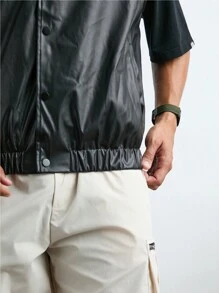 Manfinity VCAY 男士时尚休闲 PU 皮革无袖前开背心，适合秋冬 - 黑色 - 查看 4