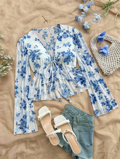 Soleia 女式前系带花卉印花长袖度假裹身式衬衫