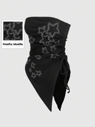 Grunge Punk Top asymétrique sans bretelles pour femmes en grande taille avec strass en forme d'étoile et ourlet avec cordon de serrage, pour festival de musique punk, été, école, carnaval