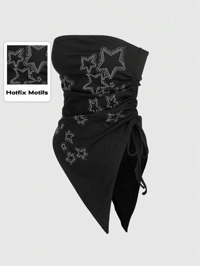 Grunge Punk Plus Size Women's Asymmetrical Strapless Top With Star Rhinestone And Drawstring Hem For Punk Music Festival, Summer, School, Carnival