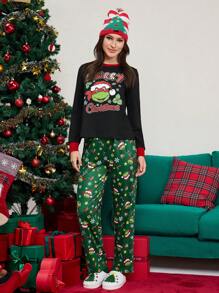 TEENAGE MUTANT NINJA TURTLES | SHEIN Women's Christmas Cartoon Letter Print Long Sleeve Top And Long Pants Pajama Set Clothes