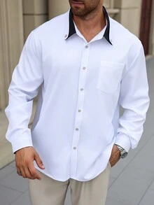 Manfinity Homme Chemise à manches longues casual avec poche, style affaires casual pour hommes grande taille, printemps & automne - Blanc - Voir 4