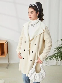 SHEIN 少女编织纯色仿羊毛衬里双排扣翻领口袋宽松休闲外套