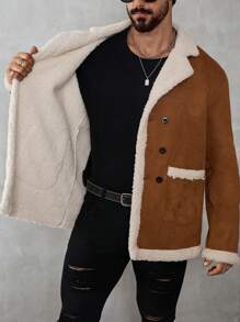Manfinity Homme Jaqueta Casual de Homem com Recorte Colorido em Falso Pelo, Jaqueta de Inverno Masculina, Cardigã Masculino, Gola Alta Masculina, Flanela Masculina, Couro, Jaqueta Quente com Pelúcia, Roupas de Volta às Aulas - Marrom - Visão 6