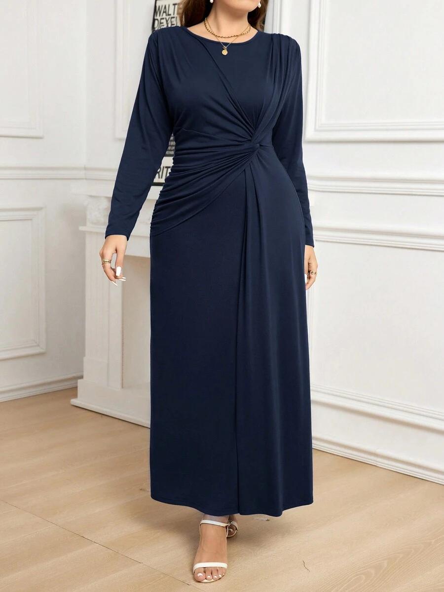SHEIN Clasi Plus Size Solid Color Button Front Round Neck Casual Long Dress - Navy Blue - View 1