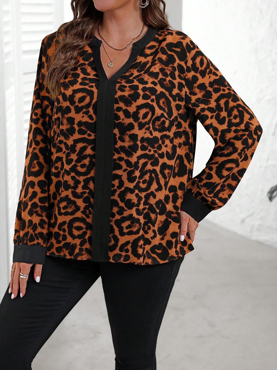 Plus Size Women's Fall V-Neck Leopard Print Long Sleeve Elegant Blouse