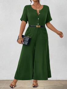 SHEIN Unity Plus Size Solid Color Crew Neck Romper With Pockets, Short Sleeve - Green - View 3